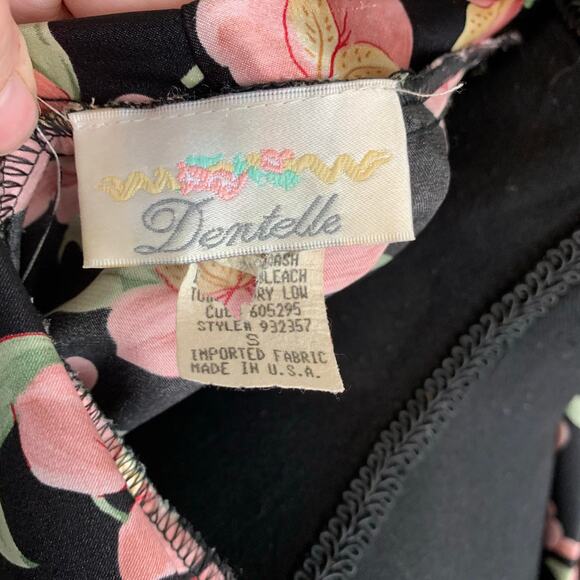 Vintage Dentelle Satin Floral Robe Black Pink Green Loungewear Resortwear SMALL - Picture 5 of 15